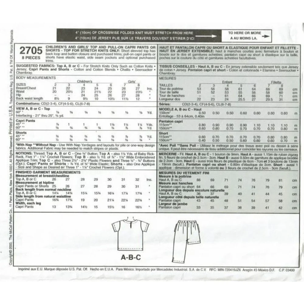 McCall's Sewing Pattern 2705 Top‎ Pants Shorts Girls Size 6-8